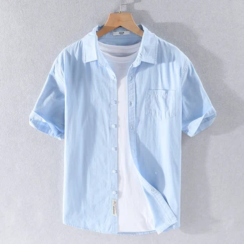 100% Памук, 6 цвята, лятна синя риза с къс ръкав, мъжки модни обикновена риза за мъжете, удобни ежедневни ризи, мъжки camiseta
