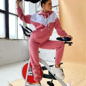 2 бр./компл., комплект спортни панталони с качулка в контрастен цвят, еластичен колан на съвсем малък, женски спортен костюм, с голям джоб, спортни дрехи с качулка