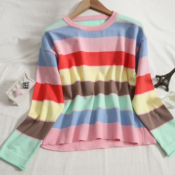 2021 есента сладък пуловер в розово ивица, дамски пуловер с кръгло деколте, корейски възли пуловери, дамски пуловери, топ за студенти