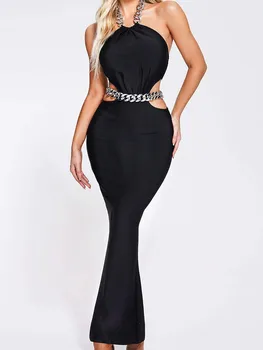 2023 Laura Kors Ново Бельо Секси рокля-Халтет с верига, открита Черно дебнещ бандажное рокля Midi, Елегантна рокля за парти през нощта клуб