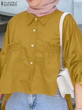 2023 ZANZEA Мода Есен риза Дамска Блуза с дълъг ръкав на съвсем малък, Стилен Обикновена мюсюлмански върхове с нередовни подолом Работни Блузы Mujer
