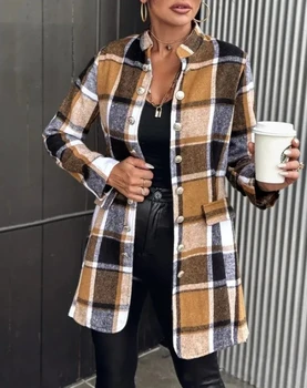 2023, Есенно-зимно дамско яке, ежедневното двубортное палто в клетка с дълъг ръкав, Модни Универсална връхни дрехи, жилетка, Градинска облекло