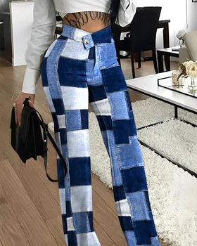 2023 Летните модни дамски панталони в джинсовом стил с принтом внахлестку на талията и бутони Ежедневни дълги панталони с висока талия Градинска облекло