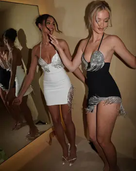 2023 Нова мода, Черно-бяло Женско сексуално дебнещ мини рокля на спагети презрамки, обогатяване с диамантена веригата, секси облекло за парти в нощен клуб