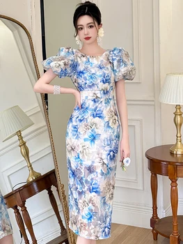 2023 Нови дамски Елегантни рокли Midi в стил Princess Palace, сини рокли с пищни ръкави в цветенце, с цепка, женски премяна за партита