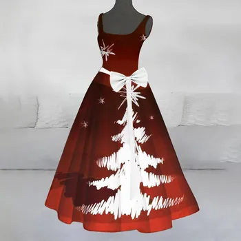 2023 Ново секси Коледна рокля, елегантни Дълги рокли без ръкави с коледните принтом, модни официални рокли с папийонка с висока талия