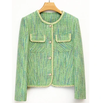 2023 Пролет-есен, висококачествени дамски якета от твида в зелената клетка с джобове в корейски стил, късо палто F094