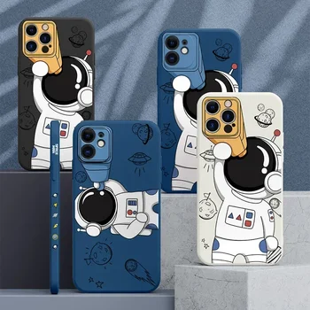 Cartoony Космически Астронавт Телескоп Калъф За Телефон iPhone 12 11 Pro MAX Mini XS X XR 7 8 Plus SE 2020 Квадратен Течен Силиконов Калъф