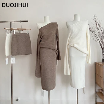 DUOJIHUI, класически женски пуловер от три части, однотонная базова полата Мини midi, Лесен модерен свободен жена пуловер с лодка деколте