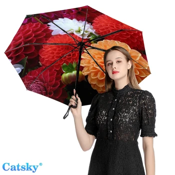 Dahlia Pinnata, напълно автоматично трикуспидалната чадър с черно покритие, слънцезащитен чадър от виолетови, женски чадър от дъжд