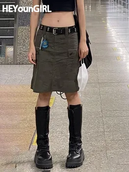 HEYounGIRL Дамски панталон Cargo Гръндж Y2K Джобни улични съоръжения Harajuku Корейски Ежедневни поли на средна дължина в Ретро стил с Лятна мода