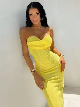 Laura Kor 2023 Лятото на Женското Сексуално жълто дебнещ бандажное рокля Midi без презрамки с рюшами, вечер, клуб, рокли за партита