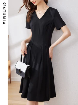 Sentubila Реколта елегантен срещу врата плисирана черна рокля 2023 с къс ръкав летни линия midi дамски официални рокли