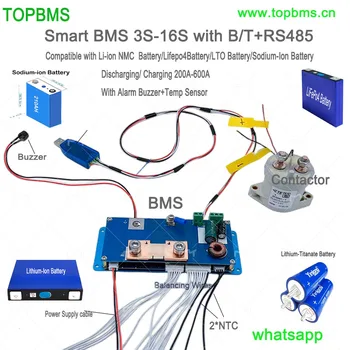 TOPBMS 3S-16S BMS 200A 300A 400A 500A 600A bluetooth RS485 Дисплей Литиево-йонна батерия Lifepo4 LTO Батерия Натриево-йонна батерия