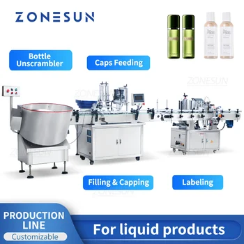 Автоматична производствена линия ZS-FAL180Z2 за отпечатване на етикети върху бутилки с течност, пълнене на машина за бутилки с магнитен помпа, размораживатель, опаковъчна машина