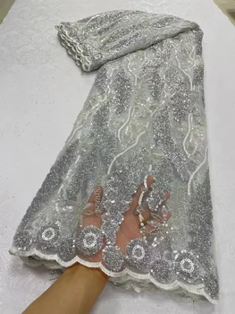 Африкански Луксозни дантелени тъкани с бели искри, най-Новите бродерия с мъниста, Френски тюл, мрежа, лейси плат, материал за партита, сватби