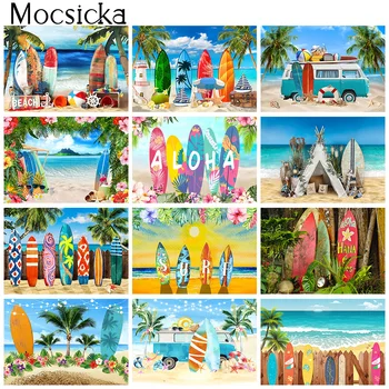 Банер за парти на дъската за сърф, Лятото, Морето, Плажа Сърф, портрет на Дете, рожден Ден, Фотосесии с тропически палми Алоха