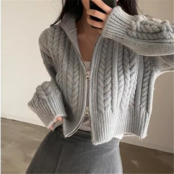Блузи за жени, жилетка, Корейски модерен съкратен пуловер, отгоре с дълъг ръкав, зимни дрехи 2023, възли върховете в ретро стил
