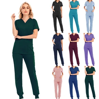 Боядисана унисекс униформи на медицински сестри с къси ръкави, работно облекло болничен лекар, униформи за операция на устната кухина, комплекти за медицински престилки
