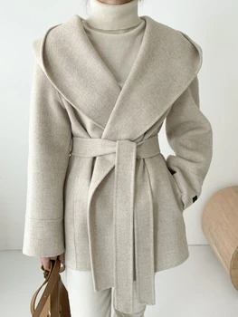 Вълна палто, дамско елегантно палто дантела, дамски реколта вълна яке с качулка, дамски ежедневни луксозен однотонная на горно облекло.