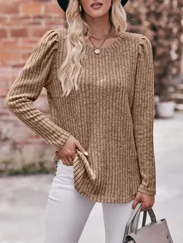 Вязаный пуловер, дамски пуловер, новост 2023 г., през цялата деколте, ръкав-балон, однотонная тениска с дълги ръкави в матирана лента с кости