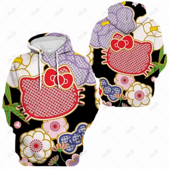 Дамски hoody 2024 Сладко Губим Japanese на Hello Kitty с анимационни принтом, ежедневни плюшен ежедневни hoody, Хлопчатобумажный пуловер, дамски дрехи