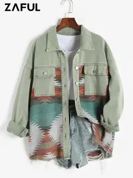 Дамски дънкови яке ZAFUL в западен стил с принтом на ацтеките, риза с дълъг ръкав, с джоб, реколта деним яке копчета