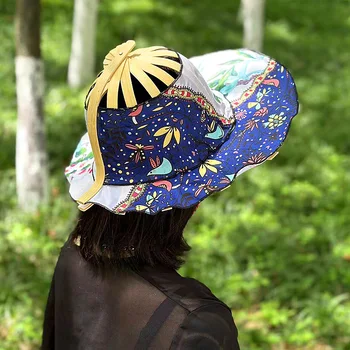Дамски сгъва шапка-фен, Бамбук сгъва шапка с широка периферия, Лятна преносима пътна Плажната солнцезащитная шапка с флорални принтом