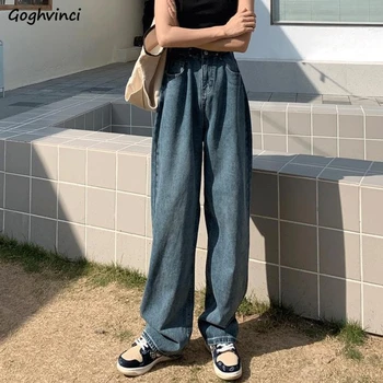 Дънки Дамски Летни Модни Нови Дълги прави панталони Прости Обикновена ежедневни джоба с копчета с висока талия Свободни улични Корейски шик Ins