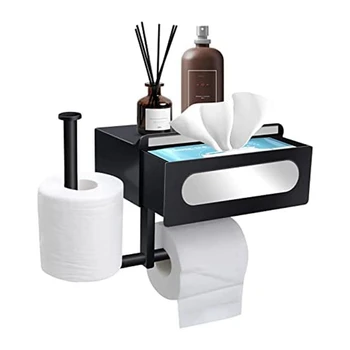 Държач за тоалетна хартия Не изисква пробиване, Държач за тоалетна хартия 4 В 1 С рафт с кутия за мокри кърпички За баня, кухня