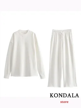 Ежедневни бели дамски костюми KONDALA, блузи с дълъг ръкав и кръгло деколте, панталони за джогинг с висока талия, Модерни есенни комплекти за офис облекло 2023 година
