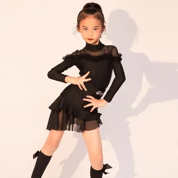 Есенно-зимния черен костюм за латино танци 2023 г. за момичета и деца Advanced Edition, Нов комплект танцови костюми за тренировки