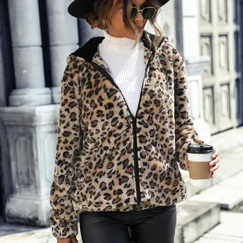 Есенно-зимно дамско свободно ежедневното палто с качулка и дълъг ръкав с леопардовым принтом, двустранно бархатное