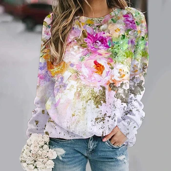 Жена пуловер с кръгло деколте и 3D принтом с Цветен Модел, Есенни Нови Дамски Блузи С дълъг Ръкав, Модерни Ежедневни и Удобни