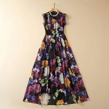 Женствена рокля XXL 2023 с кръгло деколте без ръкави от черен шифон с принтом флора