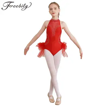 За деца и момичета Трика за художествена гимнастика в Балетната поличка Танц гащеризон Без ръкави от Тюл Боди за каране на кънки Костюм за изяви