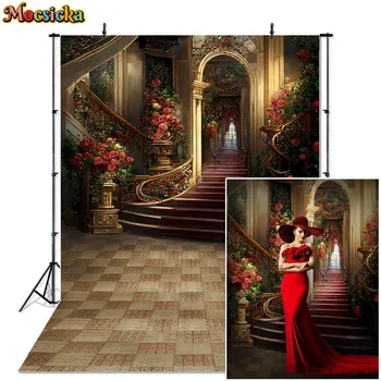 Златен Луксозен Дворец, Елегантни стълби, фонове, за снимки, реквизит, декорация на пода в замъка с рози, Художествена Сватбена фотосесия