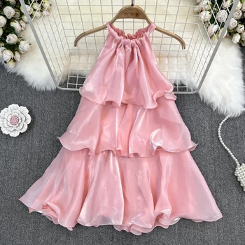 Корейското лятото горещо сладко свободно тънката рокля на бретелях без ръкави трапецовидна форма, розово женствена рокля-комбинация с волани, сшитое шевове