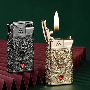 Креативен дизайн на керосин запалки за пушачи с открит пламък, Метална запалка за пури, подаръци за мъже с триизмерен релефен модел на Дракона