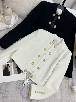 Луксозен Корейски Двубортный кратък яке с кръгло деколте за жени, есенно-зимния стил, Изискан палто, жилетка, Нова мода 2023 година