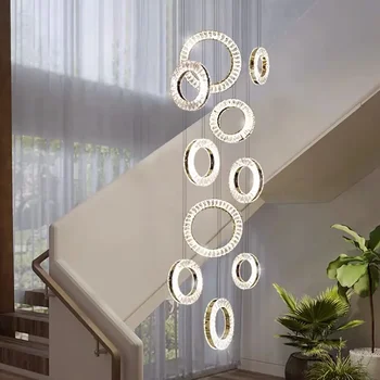 Луксозен кристален led полилей за стълби, Златни / Сребърни Домашни лампи за помещения, Дълги Творчески пръстени, осветителни тела за кухня в трапезария