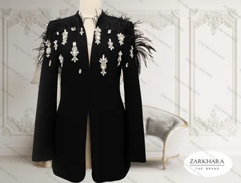 Луксозен сватбен женски костюм, Сако + панталон, 2 броя, палто от кристални пера, Вечерна черна рокля за абитуриентски бал, облекло по поръчка