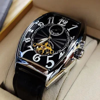 Луксозни Автоматични Механични Часовници за Мъже Ръчен Часовник Tourbillon Skeleton Clock Tonneau Case Мъжки Ръчен Часовник от Сребро със Златен Корпус