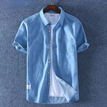 Лятна мъжки памучен риза 2023 година с къс ръкав, Тънка Ежедневни Памучни удобна риза от деним, Ново записване
