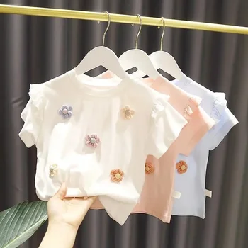 Лятна тениска ZHIO за момичета, Нова детска сладък дантелен топ с къс ръкав, памучен долната тениска за момиченце