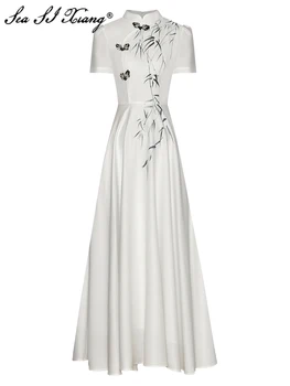 Моден дизайнер Seasixiang, пролетта и лятото-Секси Дълга рокля с шал яка подпора, с къс ръкав и принтом под формата на кристални копчета, рокля в китайски стил