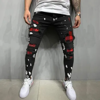 Модерен мъжки тесни дънки участък-скинни в стил мозайка, Цвят черен, скъсани дънкови мъжки улични панталони Y2K 