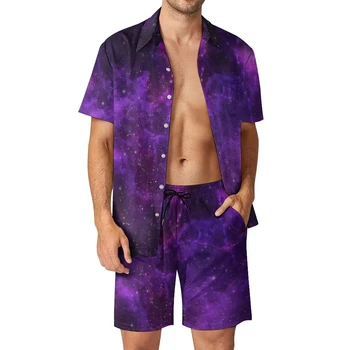Модерна риза, костюм от 2 теми, реколта риза с 3D принтом на Галактиката, плажни шорти, комплект от 2 теми размер Оверсайз, Хавайски градинска дрехи за почивка, мъжки костюми