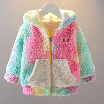 Нова зимни дрехи за малките момичета, флисовое палто от изкуствена кожа, топло бебешко яке, дъгата зимна костюм, бебешко яке с качулка, връхни дрехи
