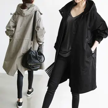 Нови дамски тренчи, обикновена ежедневни Корейски палто с качулка, свободна есенно-зимни дамски свободна горна дреха